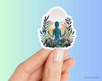 Girl long hair silhouette in a field of colourful flowers and plants, Vinyl waterproof decorative stickers (E-A260)