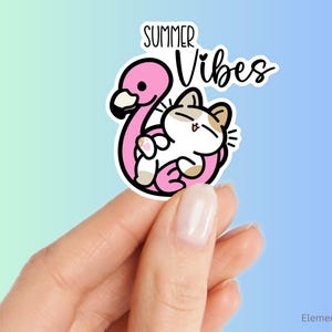 Sticker chat Summer Vibes, sticker piscine flamant rose flotteur, vinyle calicot vacance chaton, déco animal vacances tropicales pour ordinateur portable (E-A425)