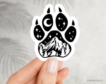 Bear paw with mountain and trees under the night sky, Desert in bear claw decal, Waterproof Dishwasher Safe Vinyl Stickers (E-A165)
