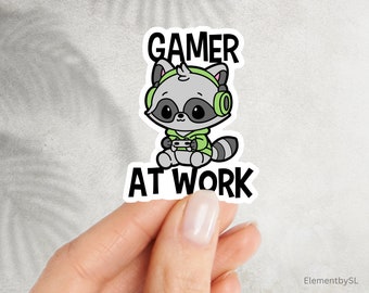 Gamer at work sticker, Raccoon playing video games sticker decal, Raccoon in green hoodie and green gaming headset (E-A251)