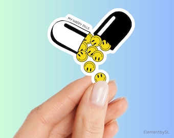 Yellow happy faces, my happy pill sticker, Vinyl waterproof decorative stickers (E-A262)