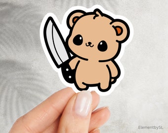 Cute but dangerous brown bear holding a knife, Waterproof Dishwasher Safe Vinyl Stickers for Water bottle, Laptops (E-A166)