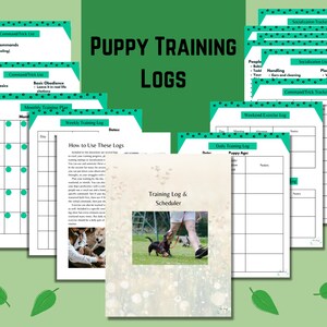 Op de afbeelding: Een set printbare puppy-trainingslogboeken en -schema's. De logboeken bevatten secties voor essentiële basisprincipes, basisgehoorzaamheid, maandelijkse trainingsplannen, wekelijkse trainingslogboeken, dagelijkse trainingslogboeken, weekend-oefenlogboeken, socialisatietrackers en commando-/truc-trackers. De logboeken zijn ontworpen om puppy-eigenaren te helpen de voortgang van hun puppy bij te houden en een trainingsplan te maken.