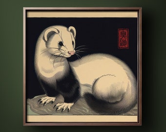 Verschmitzt Mustelid || Original Kunstdruck | Japanisches Ukiyo-e inspiriertes Frettchen | Niedlicher Zen Haustier Druck