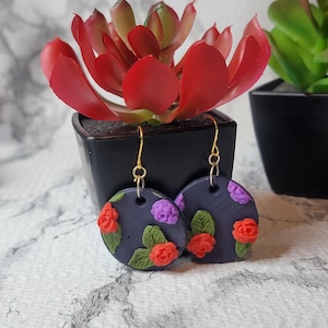 Red and Purple Rose Earrings, Polymer clay flower earrings, black earrings with flowers on them, floral earrings