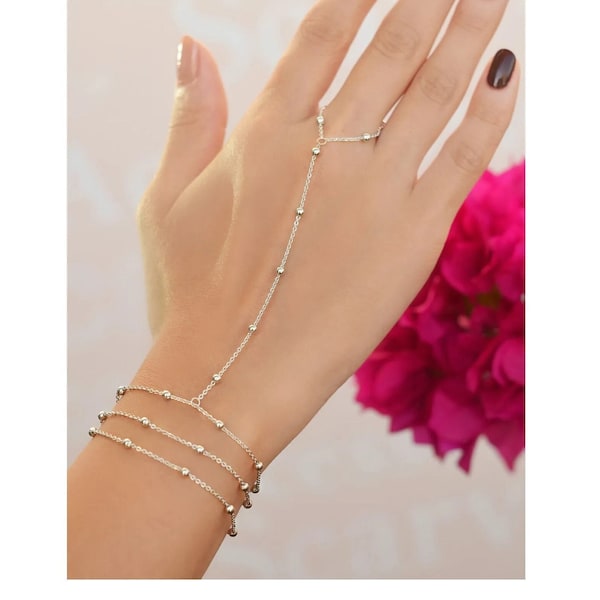 Beaded Hand Chain Bracelet, Silver Plated Ring Bracelet, Elegant Slave Bracelet, Body Jewelry, Bangle Ring, Custom Hand Chain