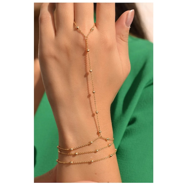 Beaded Hand Chain Bracelet, Dainty Slave Bracelet, 18K Gold Plated Ring Bracelet, Body Jewelry, Bracelet Ring, Special Hand Chain