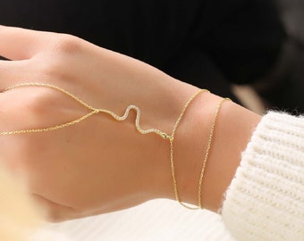 Snake Hand Chain, 18k Gold Plated Slave Bracelet, 925K Silver Sahmeran Bracelet, Gold Rose Special Hand Chain, Chain Ring Bracelet