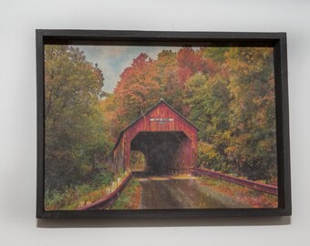 Covered bridge in Vermont in the Autumn in a shadow box frame.
