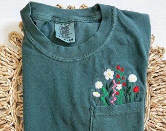 Comfort Colors Crewneck Embroidered Wildflower Pocket Tshirt. Boho Flower Shirt. Embroidered Shirt. Gift for her or Girlfriend Gift.
