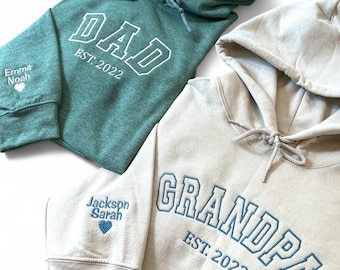 Fathers Day Gift, Custom Dad Hoodie, Grandpa Shirt, Name On Sleeve With Heart, Gifts For Dad, Daddy Est Year Shirt, Gift For New Dad.
