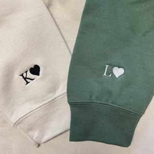 Custom Embroidered Initial Heart Sweatshirt, Initial on Sleeve, Couple Shirt, Anniversary, Couple's Shirt, Custom Embroidered Hoodie.