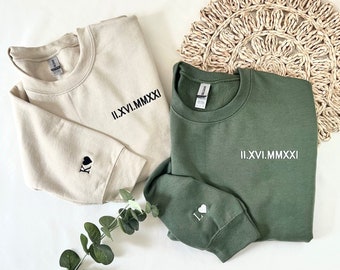 Custom Embroidered Sweatshirt with Roman Numerals date and sleeve embroidery, Engagement Gifts, Boyfriend Gift, Couples Gift, Anniversary.