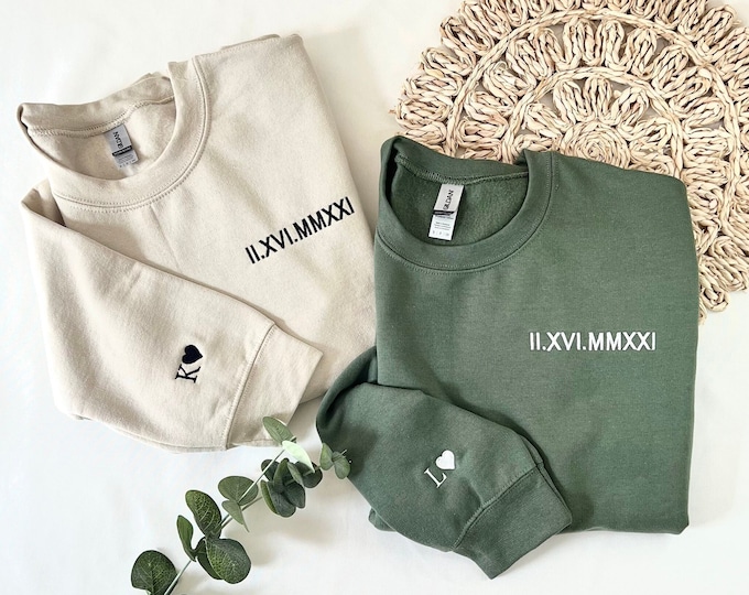 Custom Embroidered Sweatshirt, Gift for Couples, Anniversary Sweatshirt with Roman Numerals date and sleeve initial, Valentines Gift