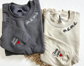 Custom Mama Embroidered Sweatshirt with Kids Names Embroidered on Sleeve, Gift for Mom, Gift for Wife, Mother’s Day Gift, Gift for New Mom