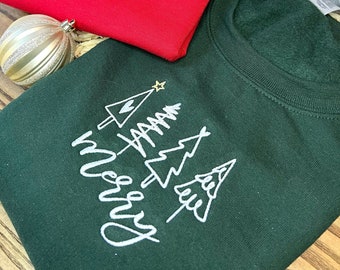 Christmas Sweatshirt, Christmas Embroidered Sweatshirt, Merry Christmas Trees, Retro Christmas Sweatshirt, Vintage Christmas Sweatshirt