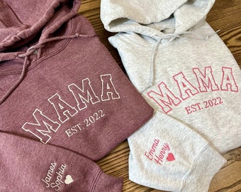 Custom Embroidered Mama Hoodie, Personalized Mama Hoodie with Names on Sleeve, Gift For New Mom, Mama Est Year Shirt, Mothers Day Gift