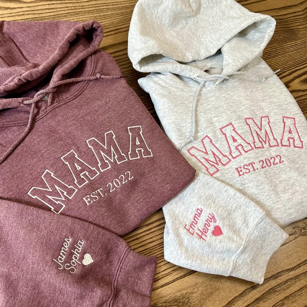 Custom Embroidered Mama Hoodie, Personalized Mama Hoodie with Names on Sleeve, Gift For New Mom, Mama Est Year Shirt, Mothers Day Gift