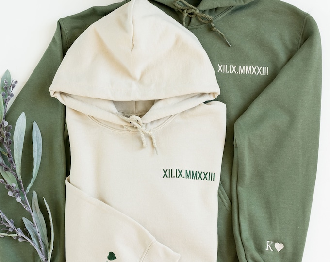 Anniversary Hoodie with Initials on Sleeve, Couples Gift Roman Numeral Hoodie, Wedding Date Embroidered Sweatshirts, Valentines Gift For Him