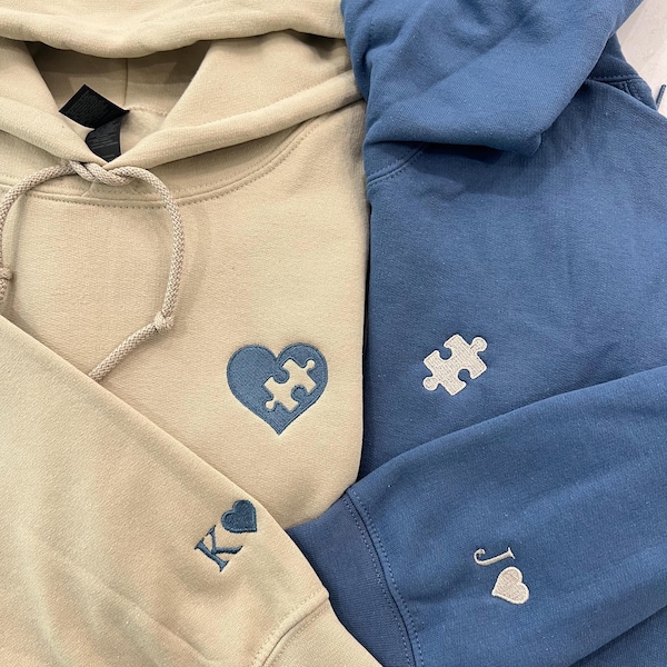 Custom Embroidered Sweatshirt, Heart and Puzzle Piece Couples Hoodie, Initial With Heart On Sleeve, Anniversary Gift For Him, Couple Gift