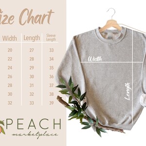 May include: Size chart for a sweatshirt with measurements in inches for width, length, and sleeve length. Sizes range from S to 4XL.