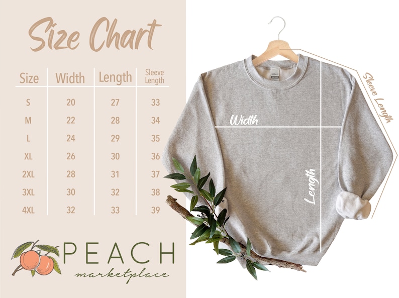 May include: Size chart for a sweatshirt with measurements in inches for width, length, and sleeve length. Sizes range from S to 4XL.