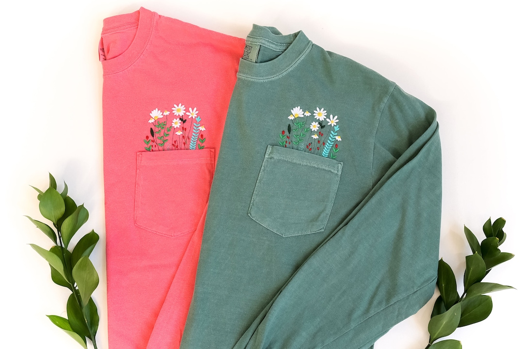 Embroidered Wildflower Pocket Tee - Comfort Colors Long Sleeve - Etsy
