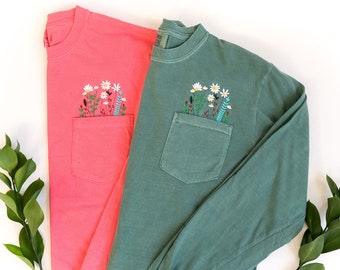 Embroidered Wildflower Pocket Tee - Comfort Colors Long Sleeve