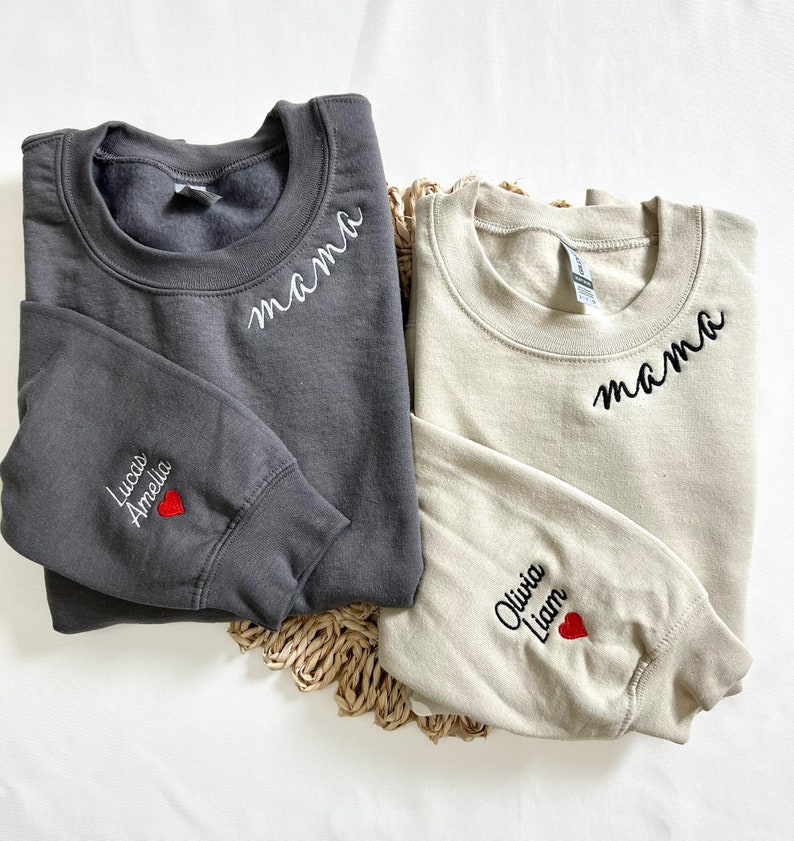 Custom Mama Embroidered Sweatshirt with Kids Names Embroidered on Sleeve, Gift for Mom, Gift for Wife, Mothers Day Gift, Gift for New Mom image 1