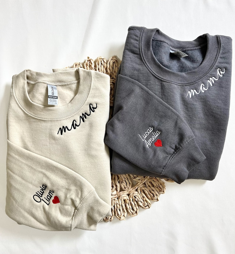 Custom Mama Embroidered Sweatshirt with Kids Names Embroidered on Sleeve, Gift for Mom, Gift for Wife, Mothers Day Gift, Gift for New Mom image 2