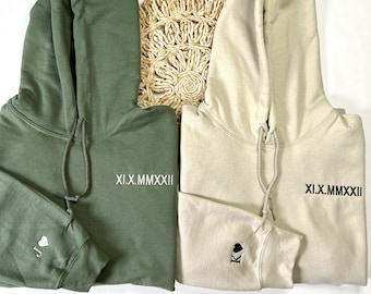 Custom Embroidered Roman Numeral Hoodie: Personalized Date, Couples Gift, Anniversary Gift for Him