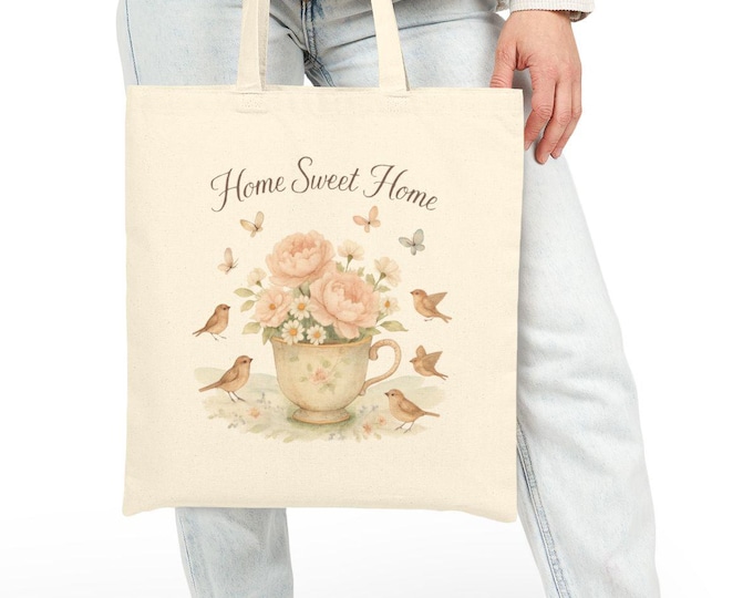 Home Sweet Home Floral Bouquet Tote Bag | Vintage Roses, Butterflies
