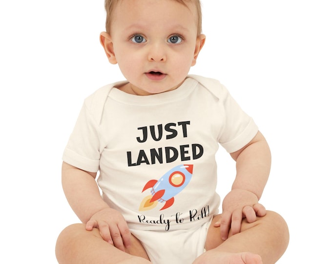 Cute Rocket Baby Bodysuit, Just Landed Infant Onesie, Baby Shower Gift, Newborn Outfit, Space Theme Apparel, First Birthday