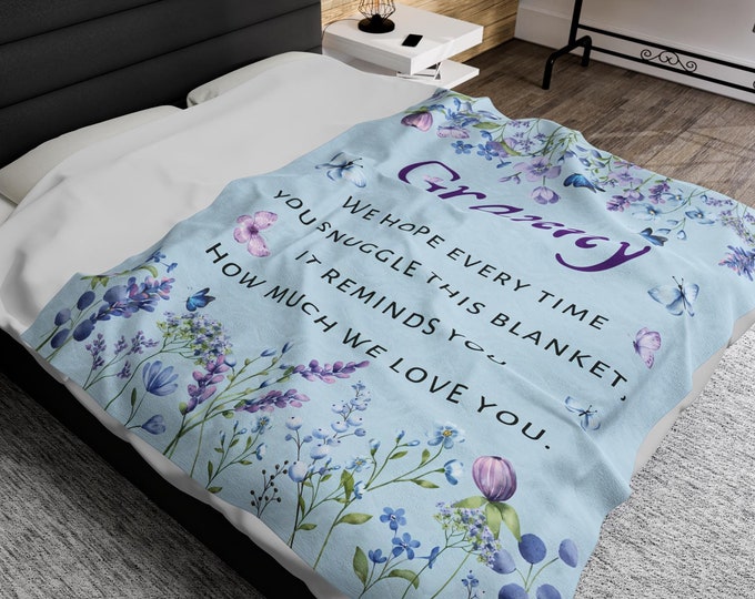 Wildflowers and Butterfly Velveteen Plush Blanket, Blue Butterfly Throw Blanket, Granny Gift,Grandmother's Day Present, Cozy Blanket