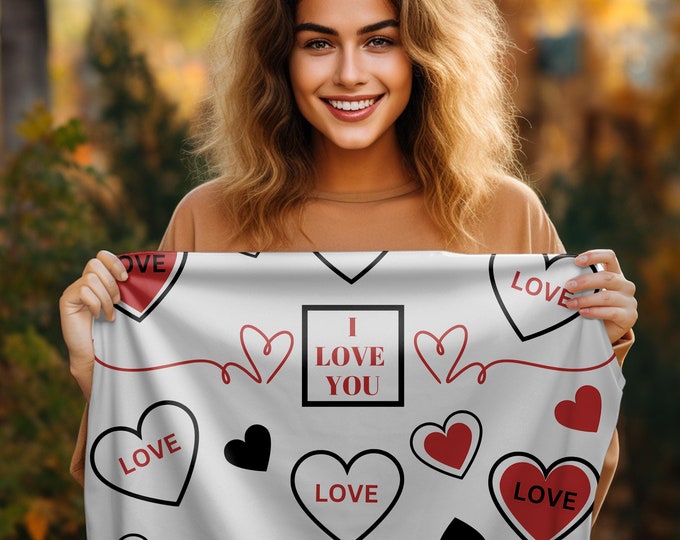 White Velveteen Plush Blanket, Heart Design, Cozy Personalized Throw, Valentine's Day Gift, Home Decor, Custom Blanket