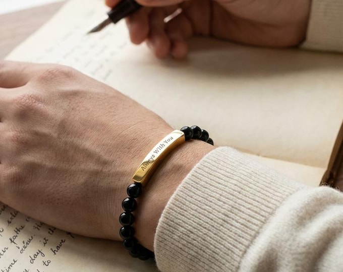 Forever Mine Engraved Bar Bracelet | Natural Stone Stretch Bracelet