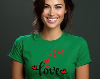 Romantic Red Hearts Tee - Show Your Love with this Feminine Shoulder-Revealing T-Shirt", Ringspun Cotton Tee