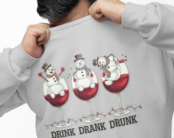Snowmen Wine Glasses Christmas Sweatshirt, Holiday Drinking Crewneck