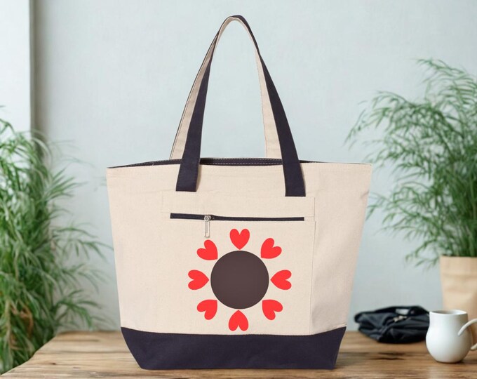 Circle Surrounded with Hearts Tote Zippered Canvas Tote | Heart Circle Canvas Tote