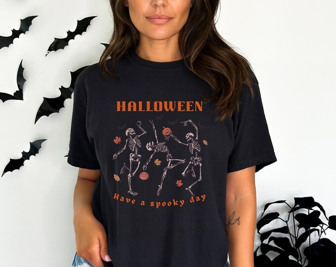 Dancing Skeleton t-shirt, Pumpkin tee, Pumpkin Skeleton Shirt, Halloween Party t-shirt, Halloween Comfort Colors shirt, Creep it Real Shirt