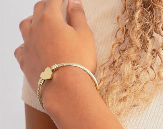 Engraved Heart Cuff Bracelet | Personalized Heart Bracelet, Silver or Gold