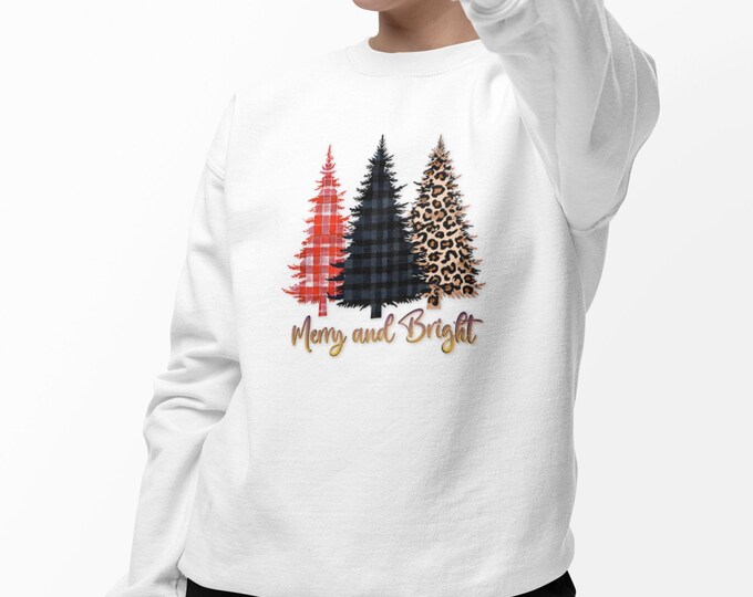 Merry and Bright Christmas Trees Sweatshirt | Plaid Black Leopard Trio Gildan 18000