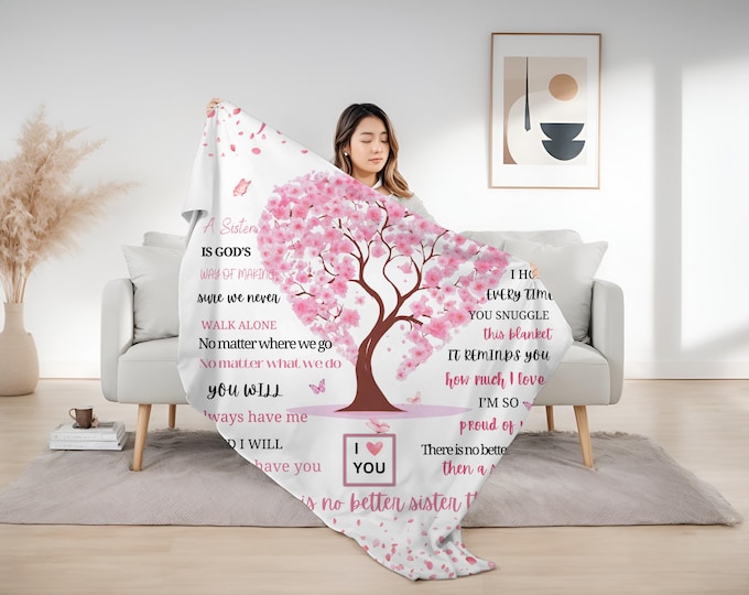 Velveteen Plush Blanket Pink Heart Tree Sister Gift Cozy Warm Soft Customizable Personalized Home Decor, Sister Birthday Gift, Christmas