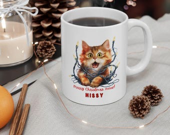Custom Name Ceramic Mug, Personalized Cat Lover Gift, Pet Owner Mug, 11oz 15oz Cup, Customizable Kitty Kitten Print, Gift for Cat Mom Dad,