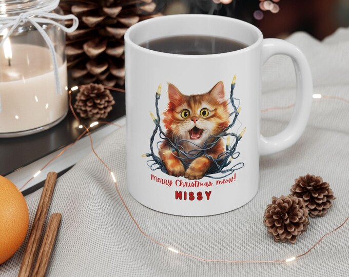 Custom Name Ceramic Mug, Personalized Cat Lover Gift, Pet Owner Mug, 11oz 15oz Cup, Customizable Kitty Kitten Print, Gift for Cat Mom Dad,