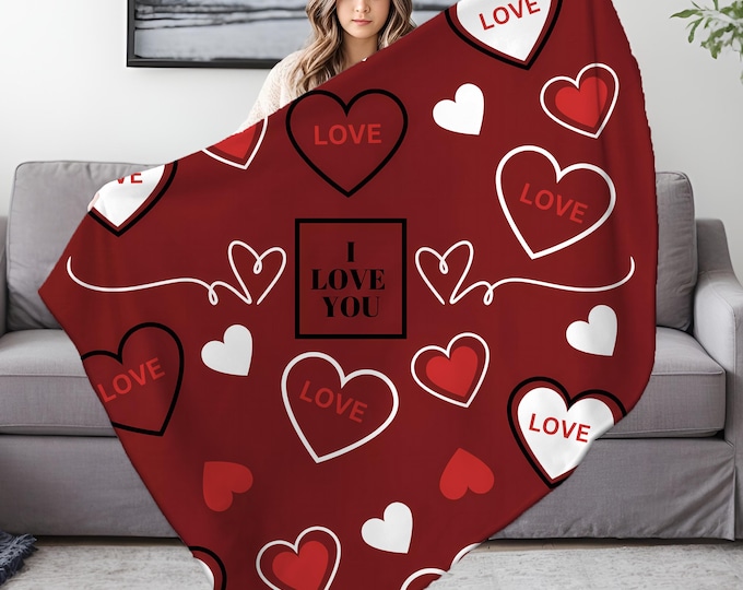 Velveteen Plush Blanket, Valentine's Day Gift, Cozy Home Decor, Personalized Throw, Heart Design, Custom Blanket