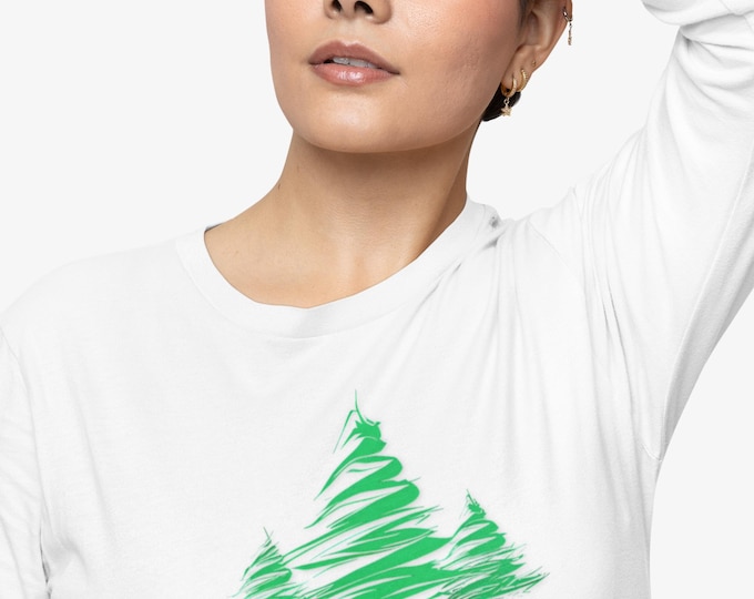Green Brushstroke Christmas Tree Happy Holidays Long Sleeve Tee | Holiday Shirt