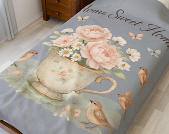 Home Sweet Home floral teacup with birds Velveteen Plush Blanket