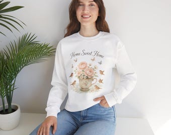 Home Sweet Home floral teacup bouquet Sweatshirt | cottagecore bird design