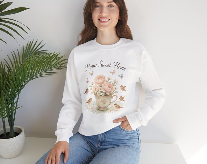 Home Sweet Home floral teacup bouquet Sweatshirt | cottagecore bird design